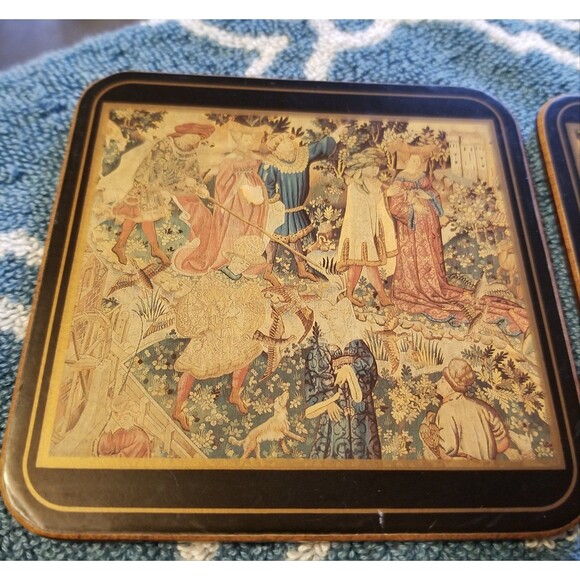 Vintage Pimpernel Cork Wood Coasters 4" Medieval motif set of 5 - Picture 2 of 10